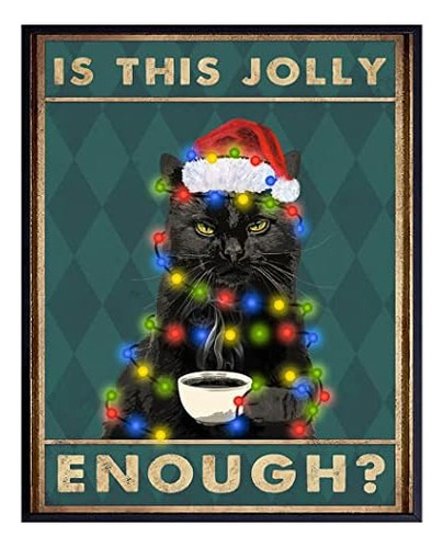 Cat Christmas Wall Art - Black Cat Santa Claus In Chris...