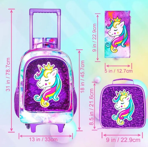 Conjunto De 3 Mochilas, Mochila Con Ruedas Para Niñas Morado Unicornio
