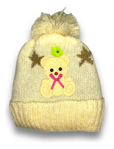 Touca De Trico Com Pompom Forrada Infantil Ursinho Inverno 