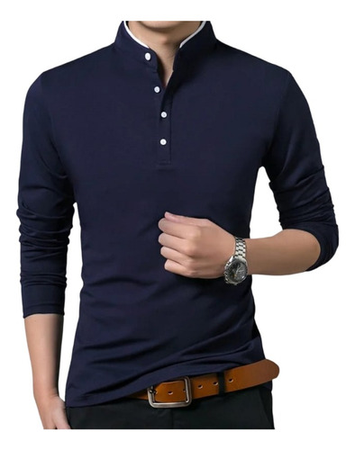 Polos Manga Larga Cuello Chino, Mao, Neru Slim Fit De Hombre