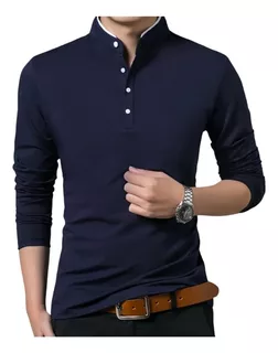 Polos Manga Larga Cuello Chino, Mao, Neru Slim Fit De Hombre