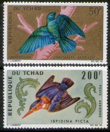 Chad 2 Sellos Aéreos Aves Estornino Y Martín Pescador 1966 