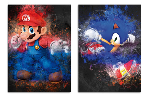 Set De 2 Cuadros Modernos Sonic Y Mario