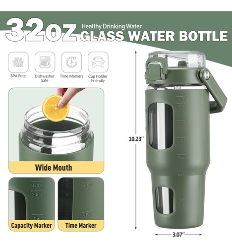 Bluego Botella De Agua De Vidrio De 32 Oz Con Asa Y Pajita |