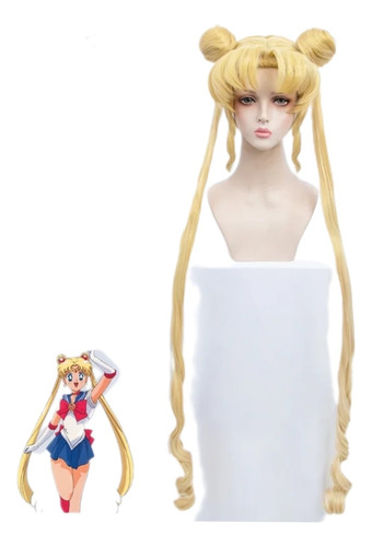 Peluca Sailor Moon Doble Trenza Rubio 105m Cosplay Disfraz 