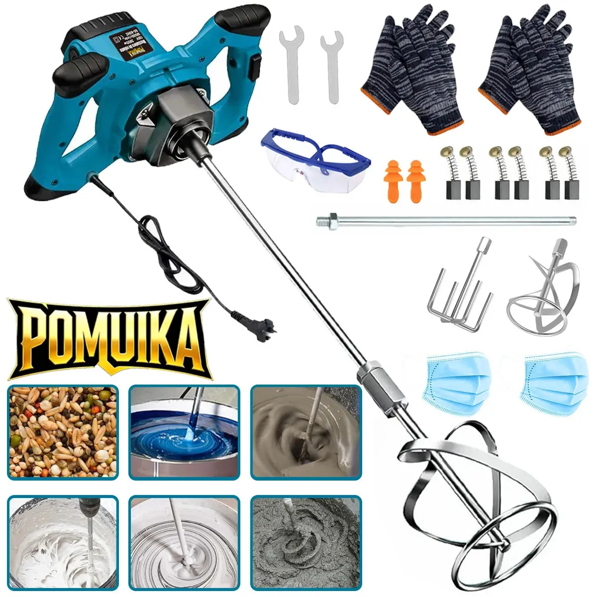 Mezclador Eléctrico De Cemento/pintura Profesional 3800w Pomuika Con 6 Velocidades, Para Concreto, Pintura Y Adhesivo