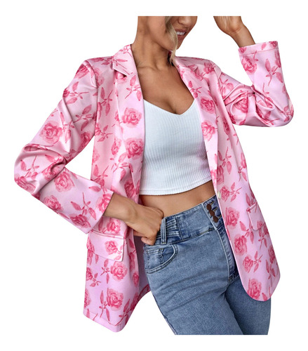 Casaco Feminino R, Casaco Casual Com Estampa De Flores, Botã