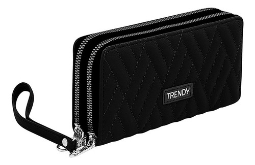 Billetera Trendy De Cuero Pu Con Doble Compartimiento Y Asa Color Negro Diseño De La Tela Liso