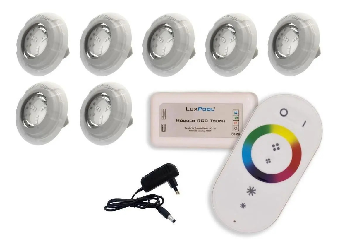 Kit Led Piscina Com Controle + 7 Leds Rgb + Fonte