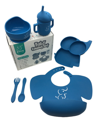 Set Elefante - Babero, Bowl, Plato, Cubiertos Y Vaso (6 Pz) Color Azul indigo Elefante 6 piezas