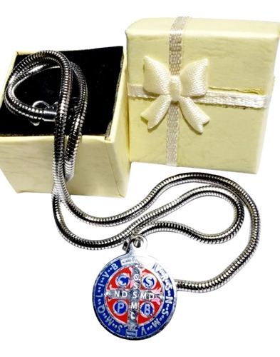 Medalla Acero Quirúrgico San Benito Azul C /cadena Y Caja 