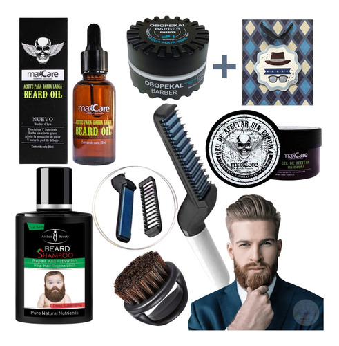 Kit Barbería Aceite Barba Shampoo Gel Cepillo Peine Alisador