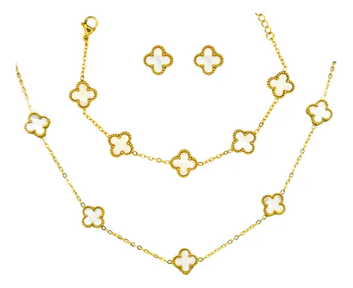 comprar Kit Colar Choker Pulseira E Brinco Trevo Branco Aço Inox