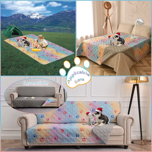Funda Impermeable Para Cama De Perro Reversible Lavable Pata De Perro Arco Iris Impresa+gris Diseño