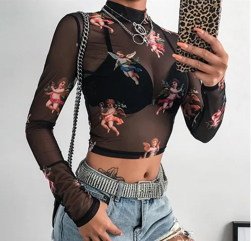 Blusa Negra Angelitos Tranparente Moda Fashion Dama Juvenil