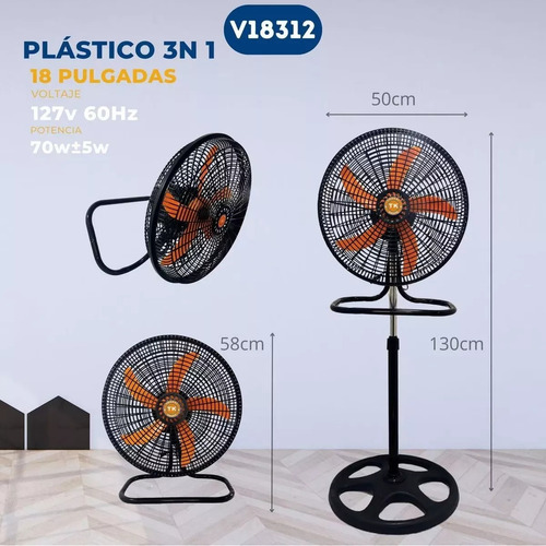 Ventilador 3 En 1 Pedestal Piso Y Pared 3 Aspas Aerodinamicas 18 Pulgadas 70w De Potencia Rotacion 180° 3 Velocidades Control De Perilla Avanico Silencioso Para Hogar Oficina Habitacion