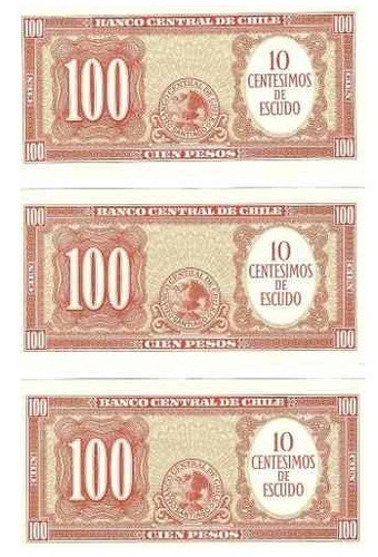 Imagen 1 de 2 de Misma Serie: 3 Billetes Chile 100 Pesos Años 60 Unc C904