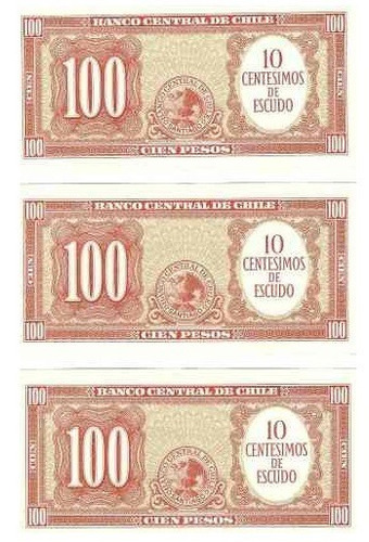 Misma Serie: 3 Billetes Chile 100 Pesos Años 60 Unc C904