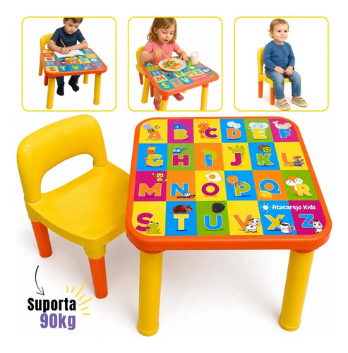 Mesinha Infantil Educativa Com Cadeira Alfabeto Letras Didática Pintura Desenho Refeição Atacarejo Kids