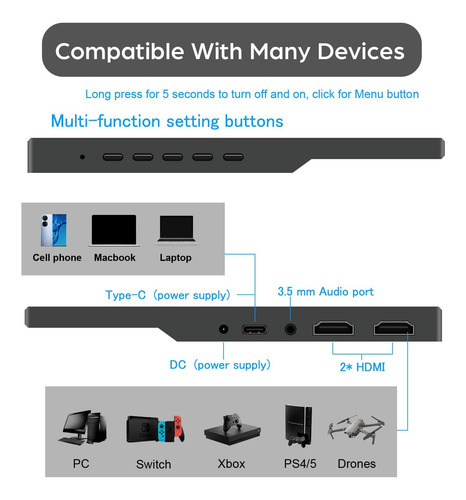 Monitor Portátil Lrtzcbi De 13.3 Pulgadas, Hd 1366x768p Pant