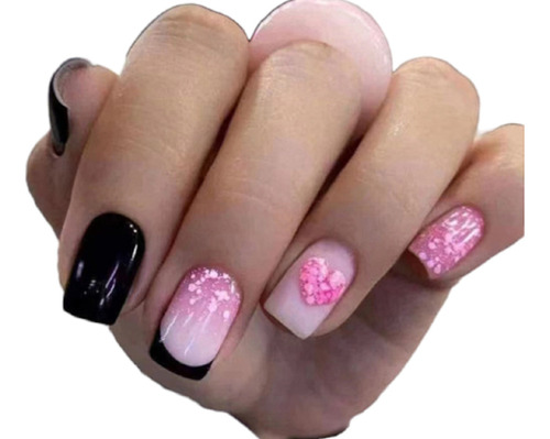 Uñas Postizas Presson Adheribles 24tips Francesas Negro Rosa