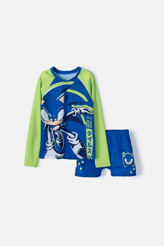 Conjunto De Baño De Sonic Verde Y Azul Manga Larga Para Niño