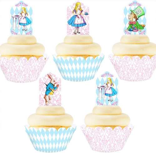 Alice In Wonderland Cupcake Toppers And Wrappers - 24 Cupcak