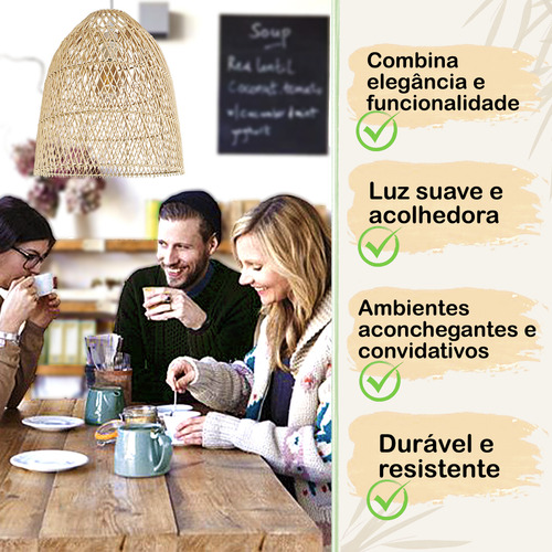 Pendente De Rattan Fibra Natural Artesanal Quarto E27 Nat59 Estrutura Palha 127/220v