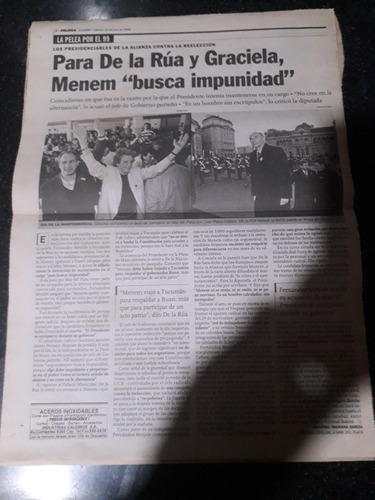 Clipping Diario Clarín 10 7 1998 Menem Reelección Duhalde (Usado)
