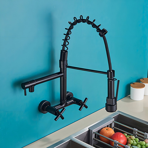 Torneira Cozinha De Parede Gourmet Misturador Duplo Comando Flexível Preto 1/4 De Volta Inox 304