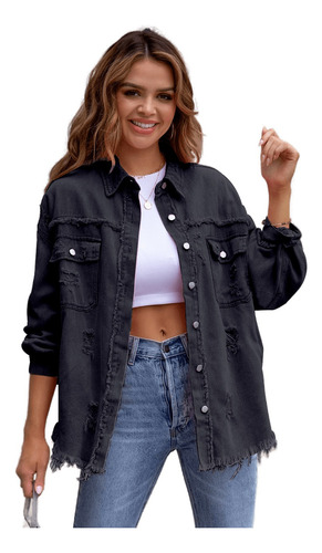 Chaqueta Oversize De  Jeans Rasgada Y Gastada Para Mujer