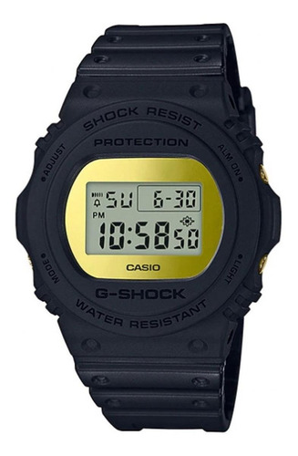 Reloj de pulsera Casio G-Shock DW-5700 de cuerpo color negro, digital, fondo dorado y gris, con correa de resina color negro, dial negro, minutero/segundero negro, bisel color negro, luz azul verde y hebilla simple