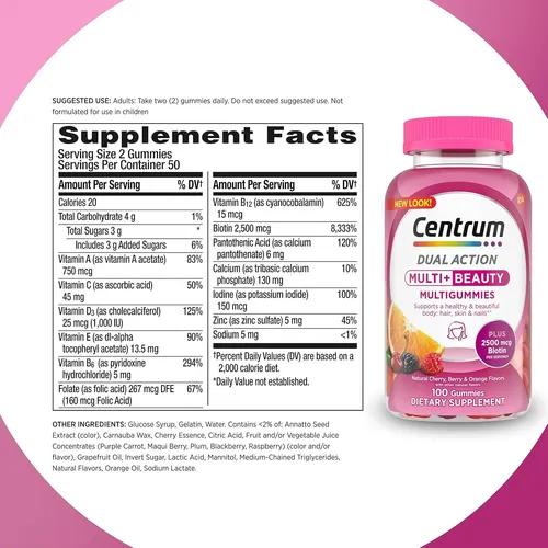 Centrum Multigummies Multi+ Beauty Multivitamínico De Doble Acción Sabores De Cereza, Baya Y Naranja, 100 Unidades