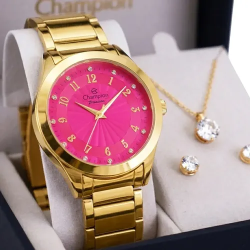 Champion Dourado Kit Relógio Colar Brincos