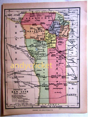 Antiguo Mapa Color 1926 San Luis Ferrocarriles Plano