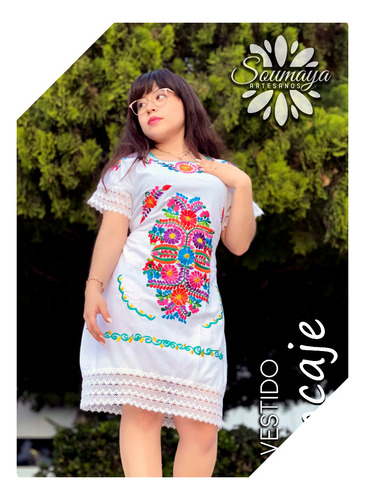 Vestido Artesanal Fresco Bordado Artesanía Mexicana En Manta