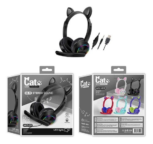 Diadema Orejas De Gato, Cable De Plug 3.5mm, Luz Rgb Por Usb