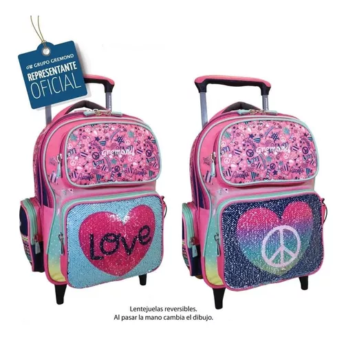 Mochila Gremond Carro Escolar Niños Amor Paz Lentejuelas