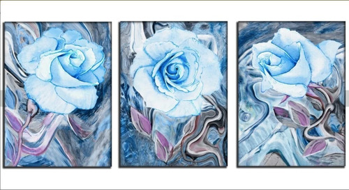 Set De 3 Cuadros Decorativos Rosas Azules 57x130cm Arte 