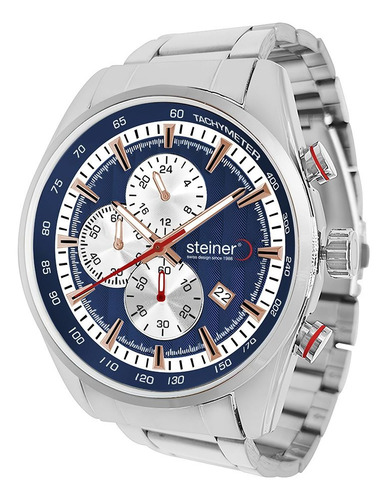 Reloj De Hombre Steiner Acero Inoxidable Fechador/cronógrafo Correa Plateado Bisel Azul Fondo Azul