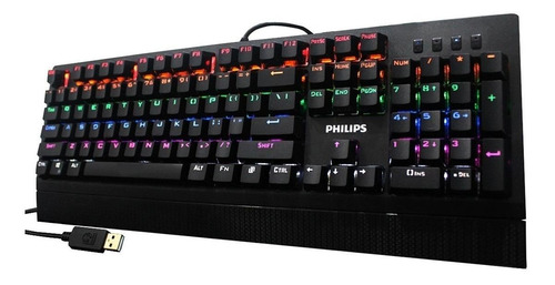 Teclado gamer Philips SPK8403 QWERTY Philips Cyan inglés US color negro con luz de 7 colores