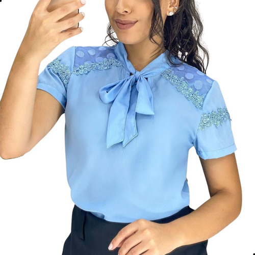 Blusa Feminina Social Evangélica Gola Laço E Renda Elegante