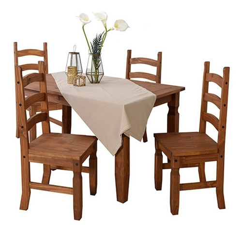 Juego De Comedor 4 Sillas, Madera Rustica Nogal