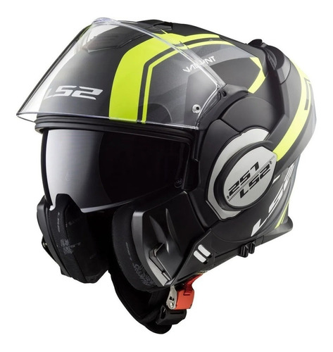 Casco para moto rebatible LS2 Valiant FF399  matt black y hi-vis yellow line talle L 