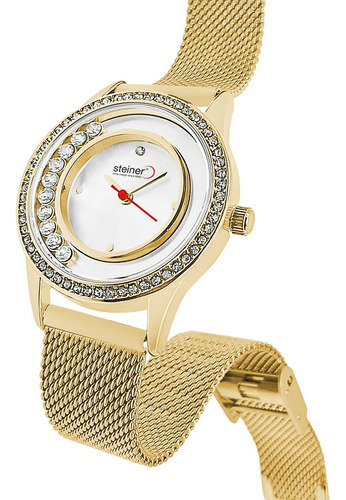 Reloj De Mujer Giratorio Steiner Manecillas Delgadas 32 Mm Correa Dorado Bisel Dorado Fondo Dorado