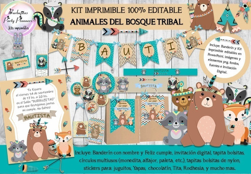 Kit Imprimible Animales Del Bosque Tribal Editable 100%