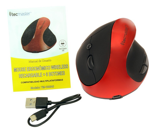 Mouse Ergonómico Tecmaster Inalámbrico Recargable Negro/rojo
