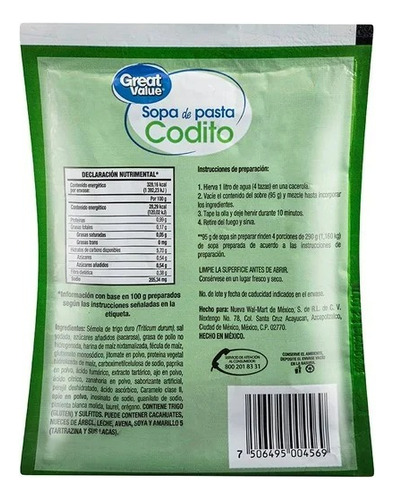 21 Pzas Sopa De Pasta Great Value Codito 95 G