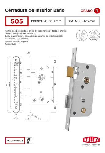 Imagen 2 de 4 de Cerradura Puerta Placa Baño Kallay 505 Punta Redonda