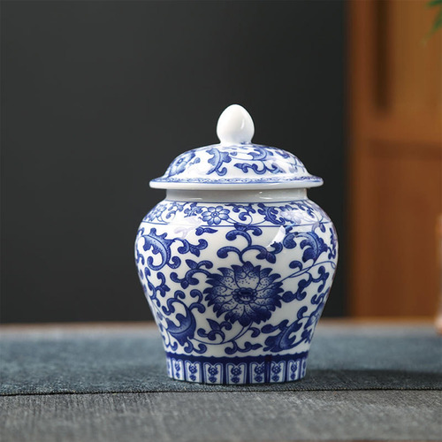 Jarra Templo De Porcelana Chinesa Azul E Branca Com Tampa